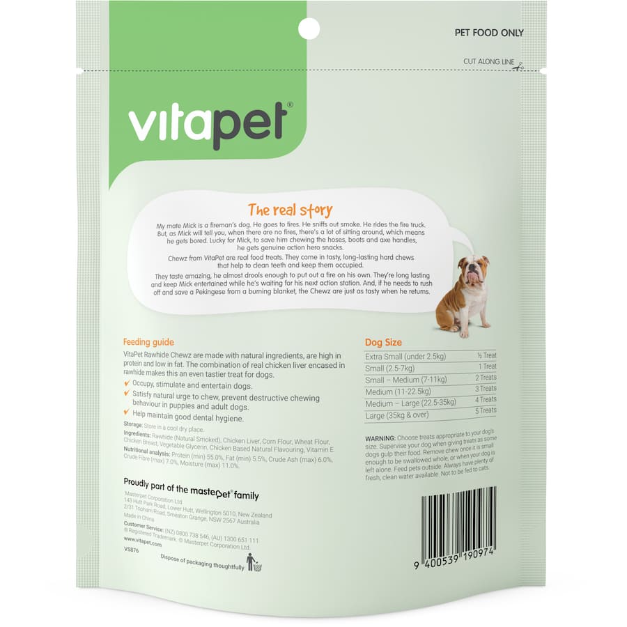 Vitapet Chewz Rawhide Treats with Chicken & Liver provide tasty, high-protein, low-fat dental care for dogs.