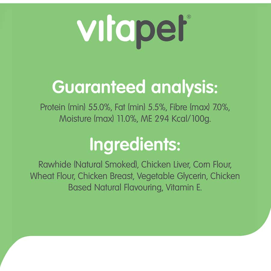 Vitapet Chewz Rawhide Dog Treats with Chicken & Liver, high protein, low fat, promote dental health and satisfy chewing instincts.