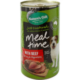 A nourishing can of Nature's Gift Wet Dog Food with beef, barley, and vegetables, promoting health and mealtime joy for dogs.