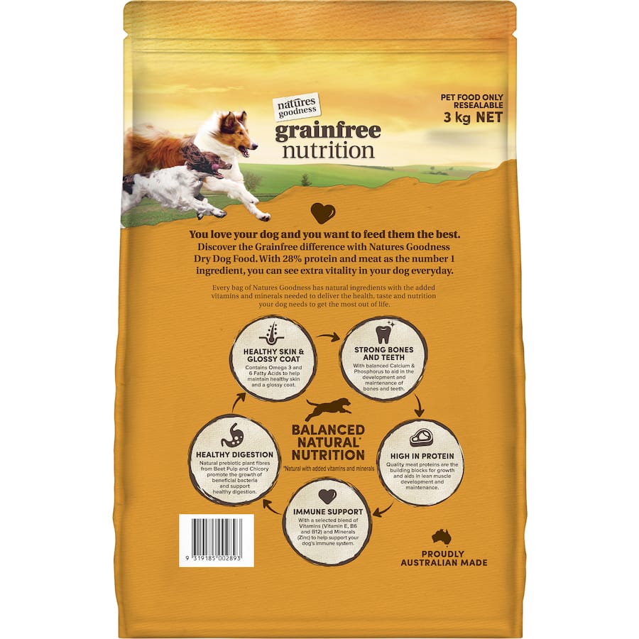 Natures Goodness Grain Free Dry Dog Food with Chicken and Lamb, nutritious protein-rich meal for dogs with grain sensitivities.