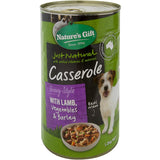A can of Nature's Gift Wet Dog Food featuring lamb, vegetables, and barley, promoting health and joy for dogs.