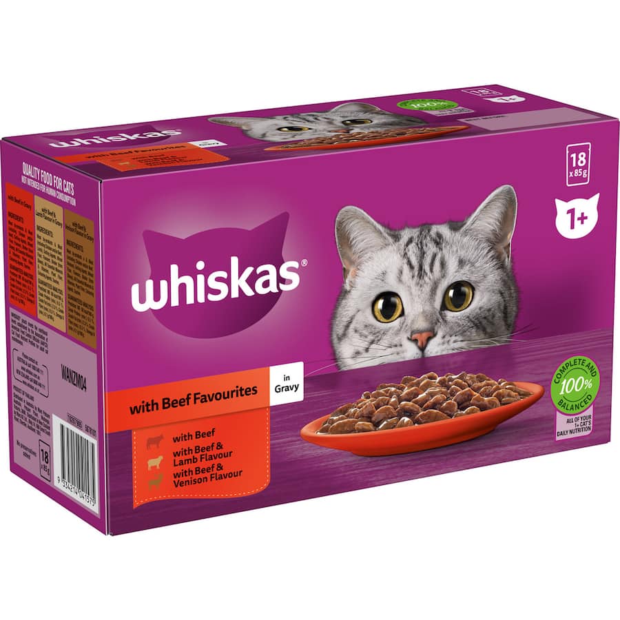 Whiskas Wet Cat Food Beef Favourites In Gravy Pouch 18x85g