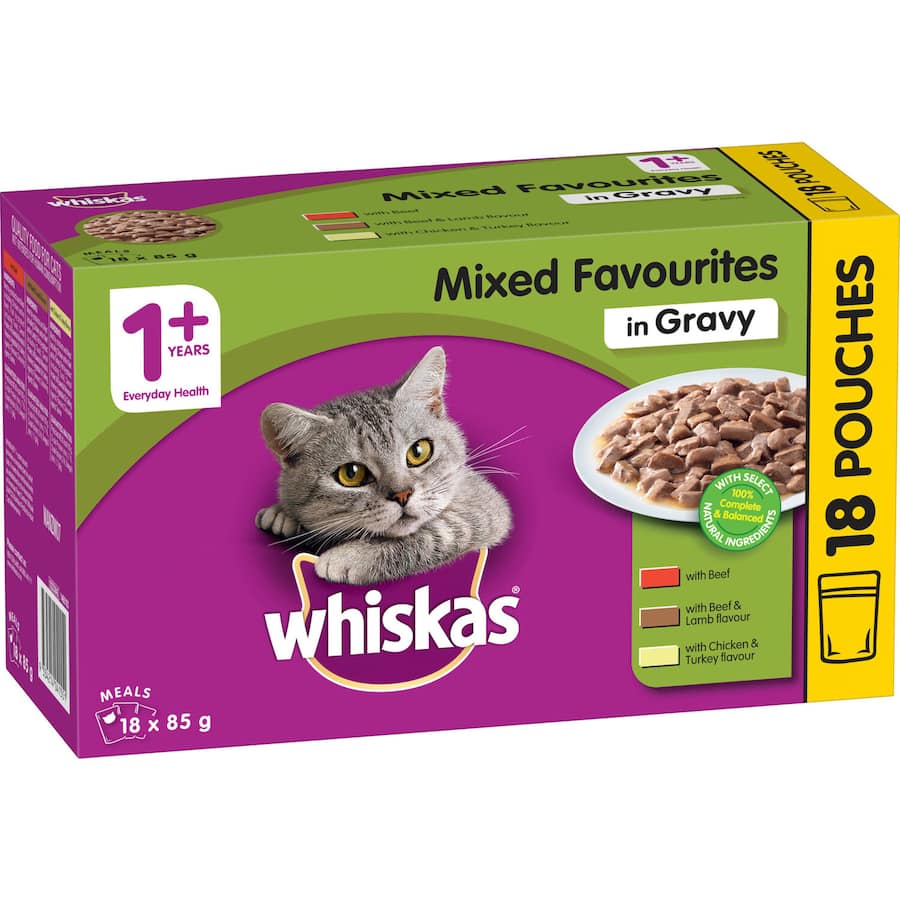 Whiskas Wet Cat Food Mixed Favourites In Gravy Pouch 18x85g