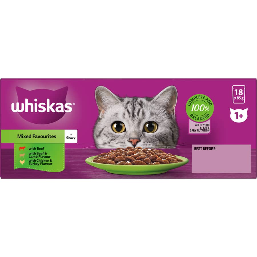 Whiskas Wet Cat Food Mixed Favourites In Gravy Pouch 18x85g