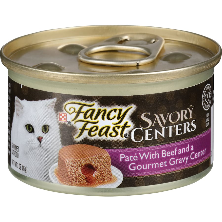 Velvety beef paté with hidden gravy center in premium wet cat food for a delicious and nutritious meal.