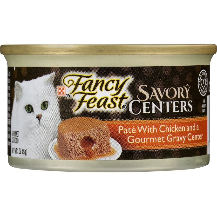 Fancy Feast Savory Centers Wet Cat Food features chicken pâté with a hidden gravy center, designed for picky adult cats.