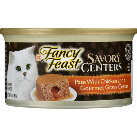 Fancy Feast Savory Centers Wet Cat Food features chicken pâté with a hidden gravy center, designed for picky adult cats.