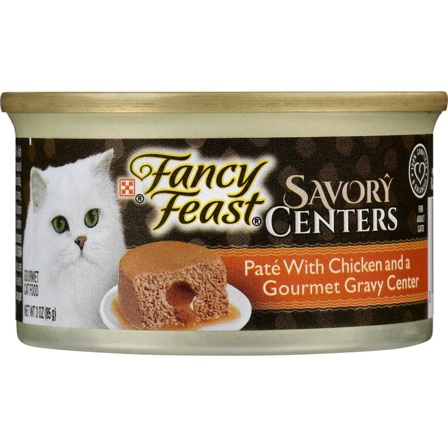 Fancy Feast Savory Centers Wet Cat Food features chicken pâté with a hidden gravy center, designed for picky adult cats.