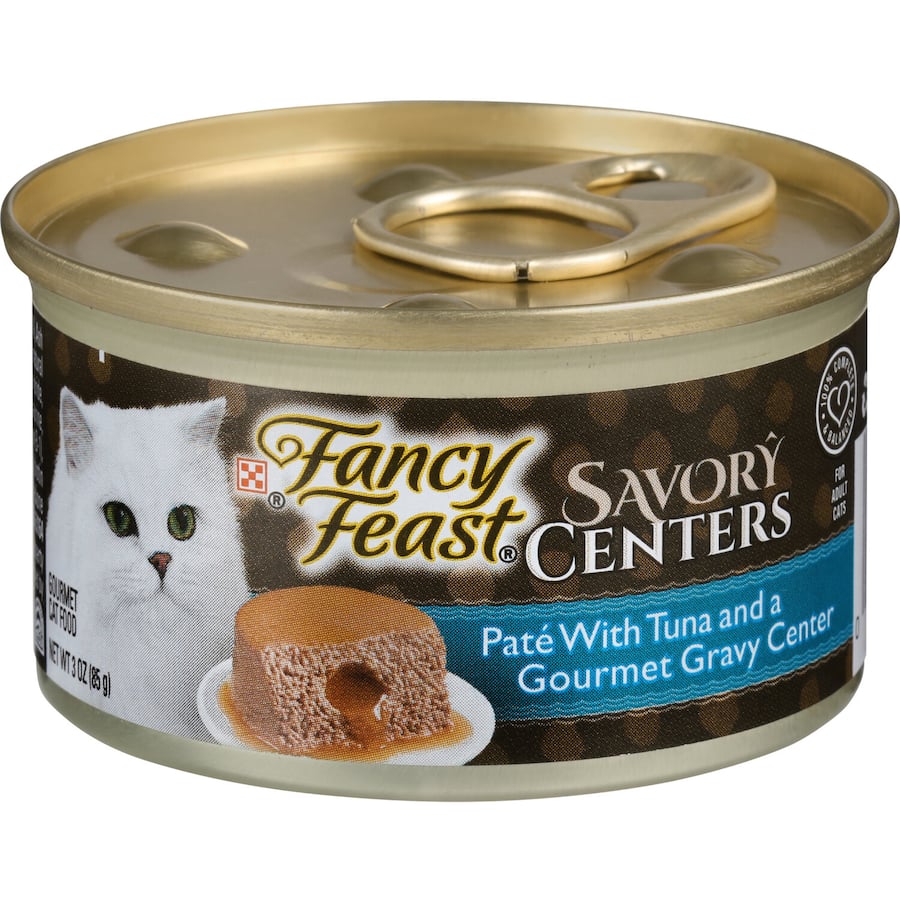 Fancy Feast Savory Centers Tuna Pate: gourmet cat food with tuna paté and savory gravy center, rich in nutrients for feline health.