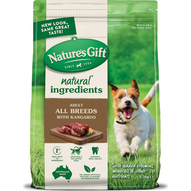 Natures Gift Sustain Dry Dog Food with Kangaroo offers high-protein nutrition, whole grains, and fiber for healthy digestion.