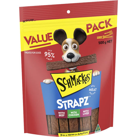 Schmackos Dog Treats Strapz Variety Pack with beef, liver, and chicken; 500g of tasty, 95% fat-free dog treats.