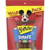 Schmackos Dog Treats Strapz Variety Pack with beef, liver, and chicken flavors in a 500g resealable bag.