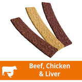 Schmackos Dog Treats Strapz Variety Pack, 500g, featuring beef, liver, and chicken, 95% fat-free, tasty and nutritious.