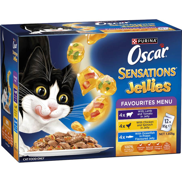 Flavorful wet cat food featuring tender meat in jelly, enriched with vitamins, minerals, and Omega 6 for a healthy meal.