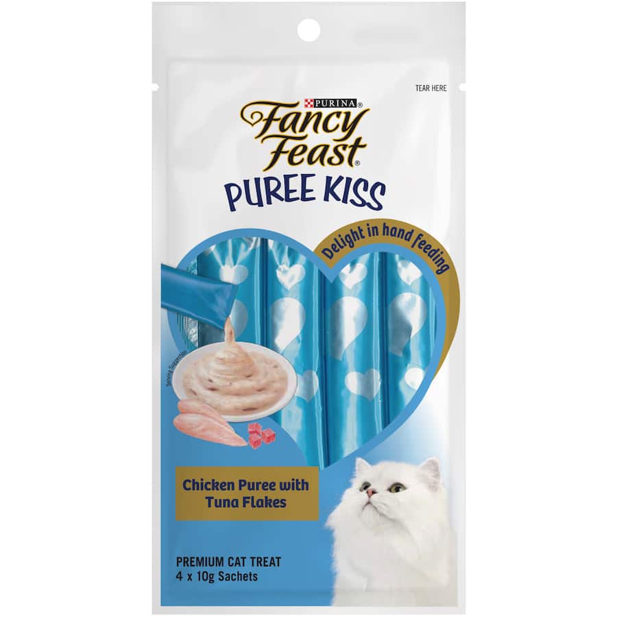 Fancy Feast Puree Kiss Cat Treats Chicken Puree With Tuna Flakes Sachets 4x10g