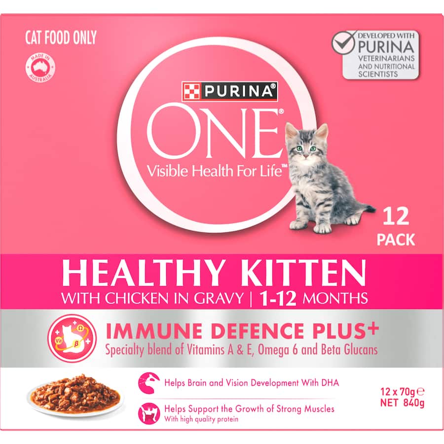 Purina One Healthy Kitten Wet Cat Food Chicken In Gravy Pouches 12x70g