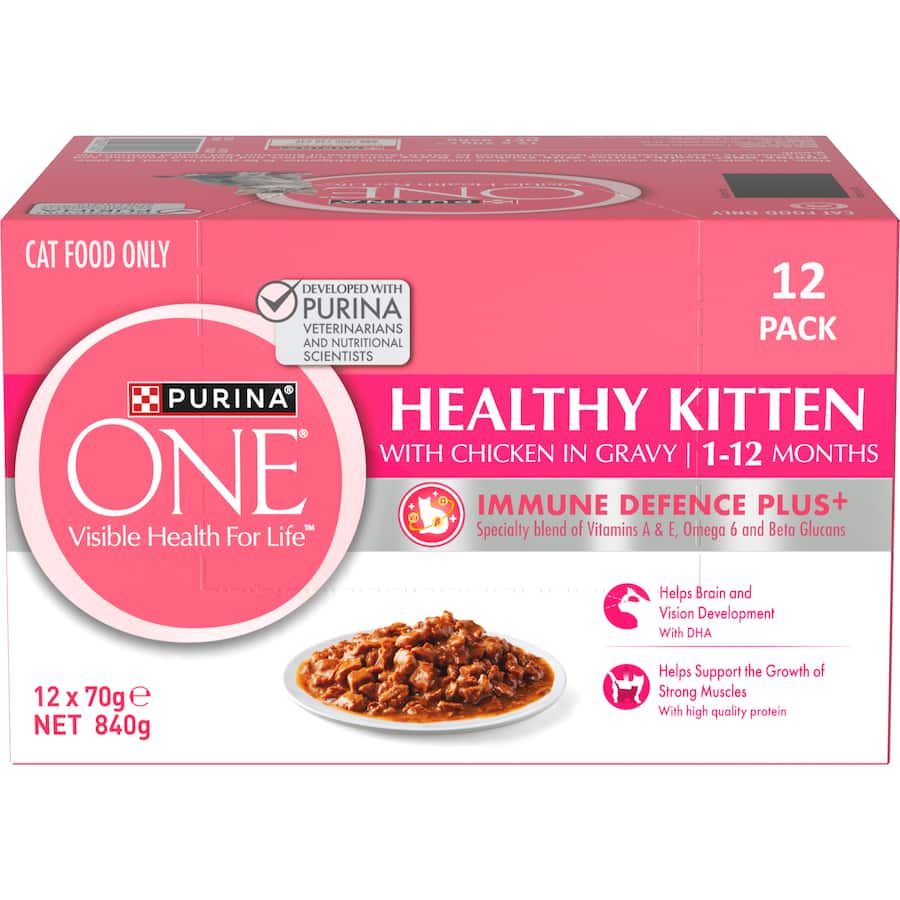 Purina One Healthy Kitten Wet Cat Food Chicken In Gravy Pouches 12x70g