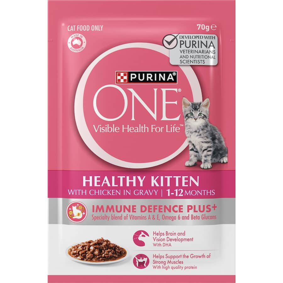 Purina One Healthy Kitten Wet Cat Food Chicken In Gravy Pouches 12x70g