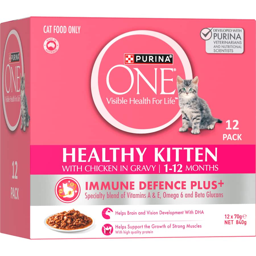 Purina One Healthy Kitten Wet Cat Food Chicken In Gravy Pouches 12x70g