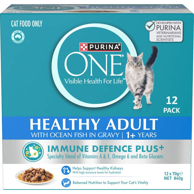 Delicious Purina One Wet Cat Food Ocean Fish, packed with nutrients for a happy, healthy feline.