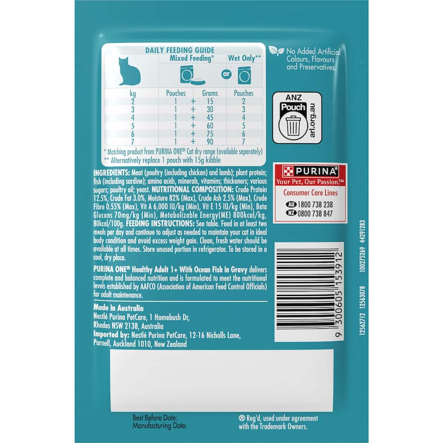 Purina One Wet Cat Food with Ocean Fish, offering balanced nutrition and immune support for happy, healthy cats.