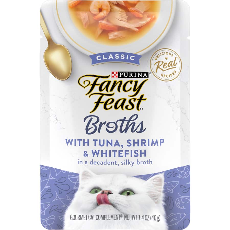 Fancy Feast Broths with tuna, shrimp, and white fish in silky broth, perfect for tempting your cat's taste buds.