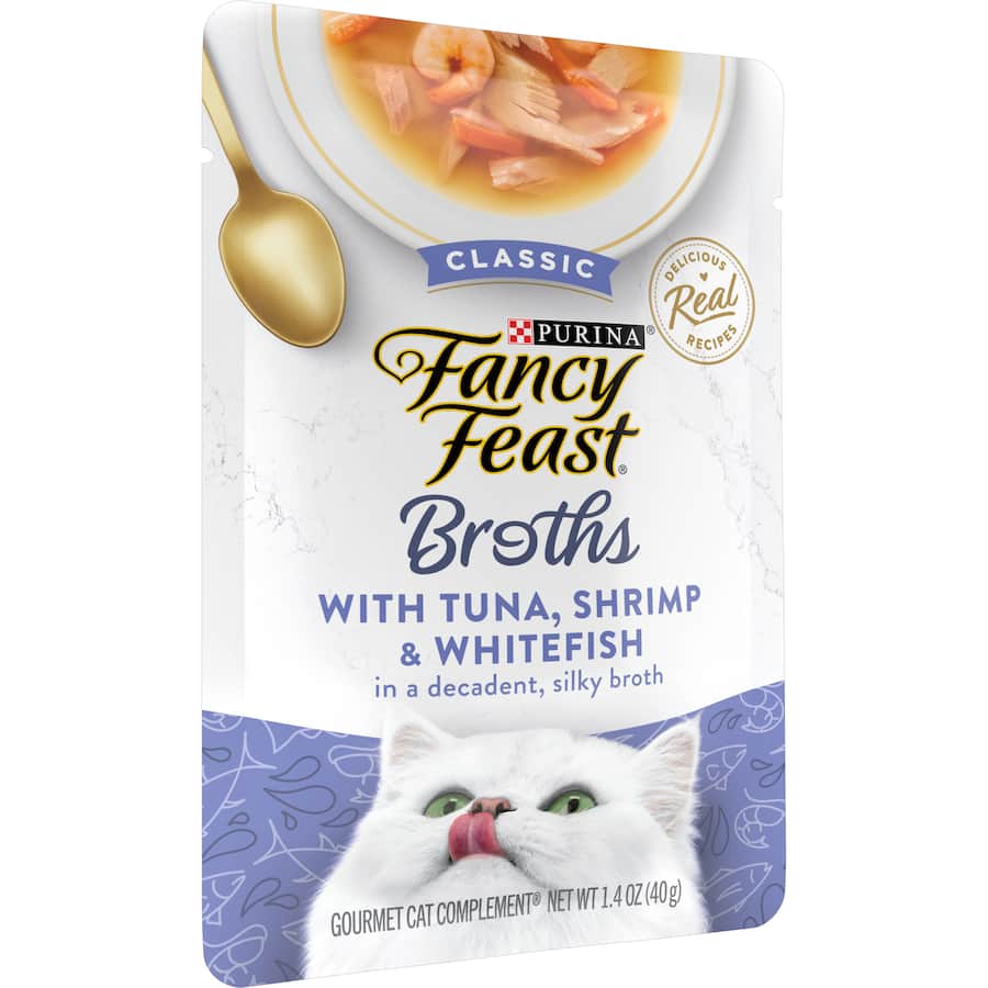 Gourmet cat food featuring real tuna, shrimp, and whitefish in a savory, silky broth for hydration and flavor.