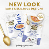 Fancy Feast Broths cat food featuring tuna, shrimp, and whitefish in a silky broth, perfect for picky eaters and hydration.