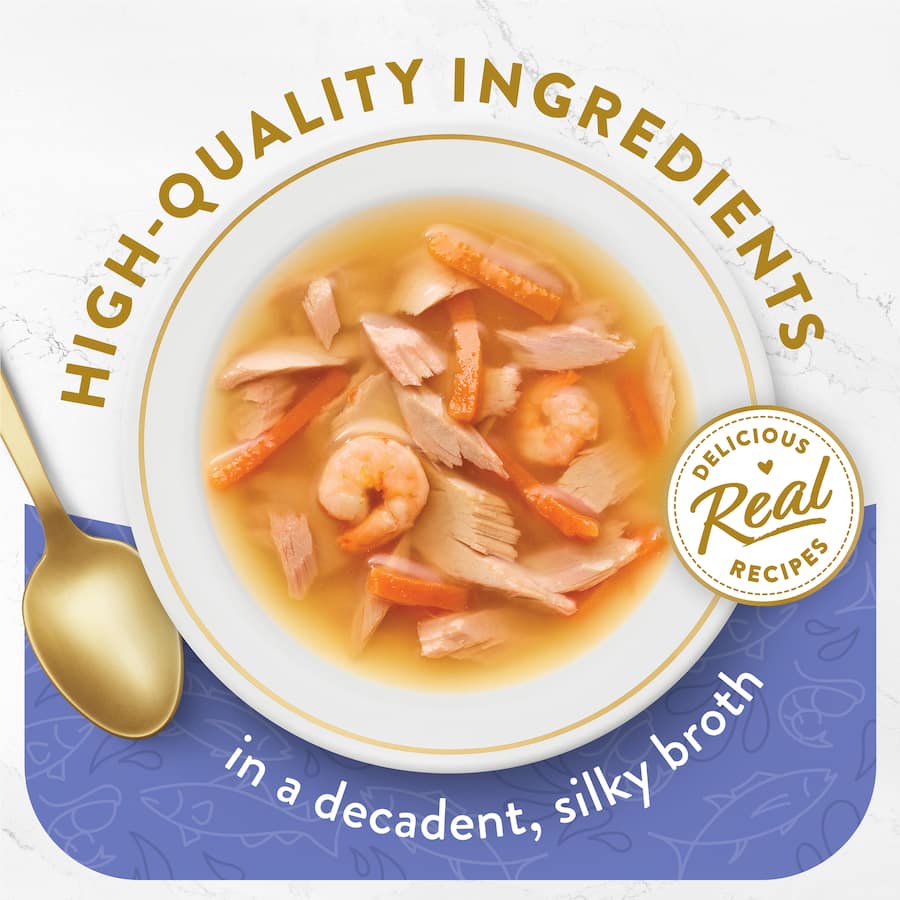 Gourmet cat food with tuna, shrimp, and whitefish in a savory silky broth; ideal for hydration and picky eaters.