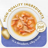 Gourmet cat food with tuna, shrimp, and whitefish in a savory silky broth; ideal for hydration and picky eaters.