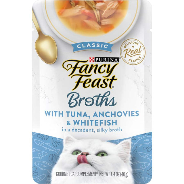 Delicious Fancy Feast Broths with real tuna, anchovy, and white fish in silky broth for a gourmet cat treat.
