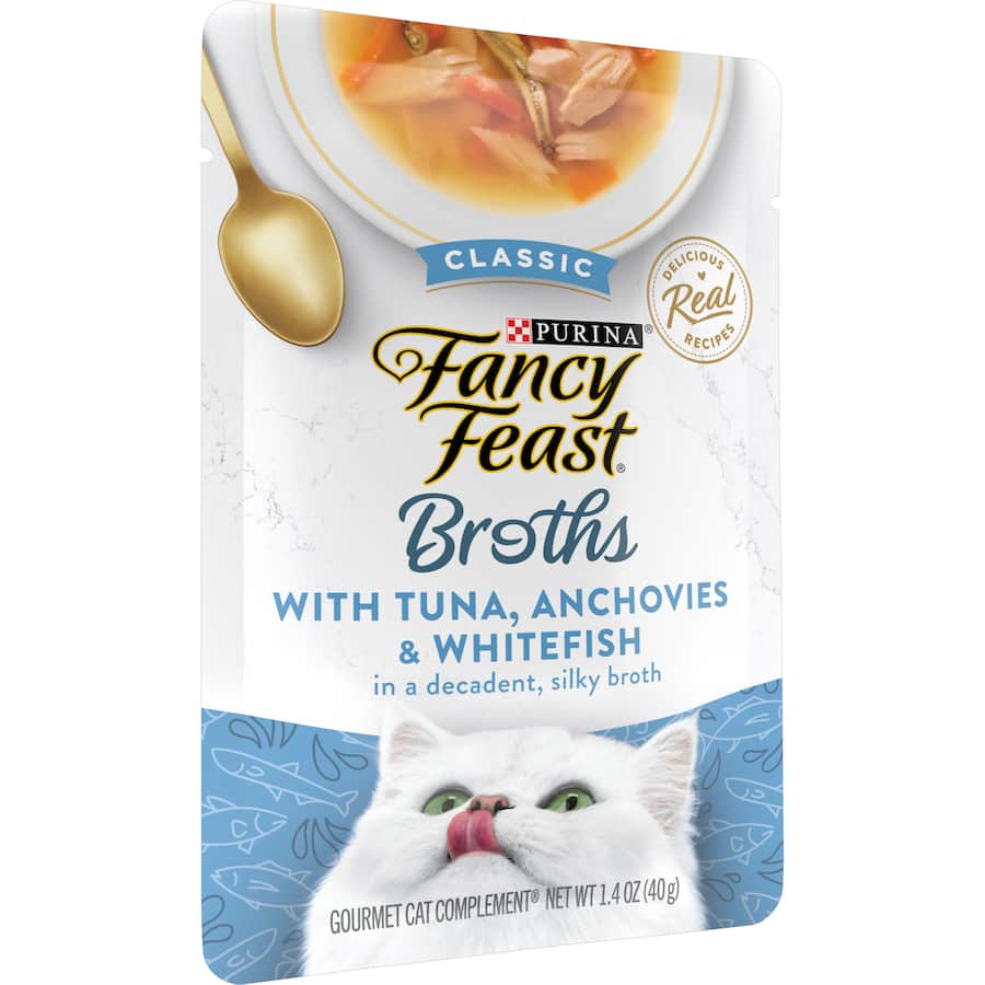 Tasty Fancy Feast Broths with tuna, anchovy, and white fish in a silky broth, perfect for enhancing your cat's meals.