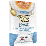 Tasty Fancy Feast Broths with tuna, anchovy, and white fish in a silky broth, perfect for enhancing your cat's meals.