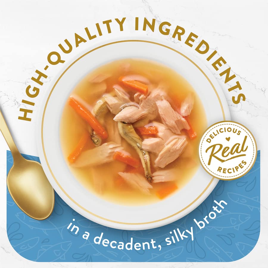 Delectable Fancy Feast Broths with tuna, anchovy, and white fish in a silky broth for a flavorful cat treat.