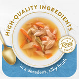 Delectable Fancy Feast Broths with tuna, anchovy, and white fish in a silky broth for a flavorful cat treat.