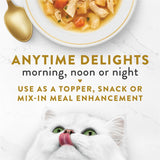 Gourmet wet cat food with tender chicken and veggies in silky broth, free from artificial additives and fillers.