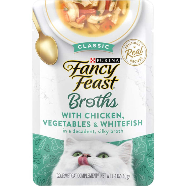 Delicious chicken, whitefish, and veggies in a silky broth, perfect for supplementing your cat's diet.