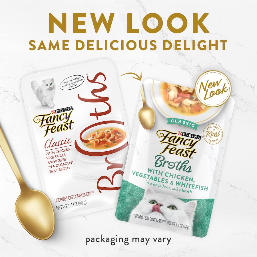 Gourmet wet cat food featuring chicken, whitefish, and veggies in a silky broth for a nutritious feline treat.