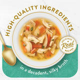 Gourmet cat food featuring chicken, whitefish, and veggies in a silky broth for a luxurious treat.