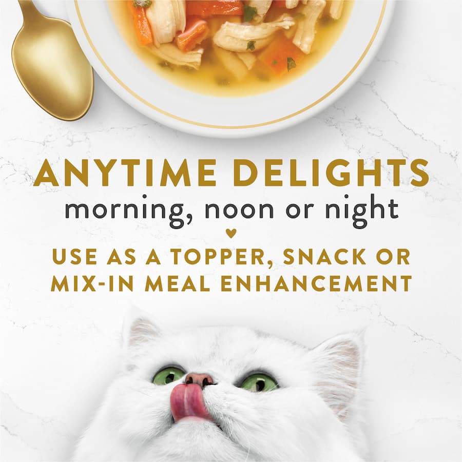 Gourmet cat food with real chicken, whitefish, veggies, and silky broth, perfect for discerning feline palates.