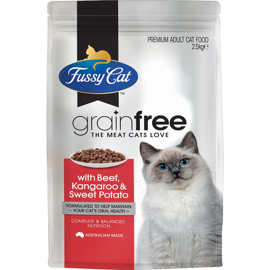 Fussy Cat Grain Free Dry Cat Food with kangaroo and sweet potato, offering high protein and grain-free nutrition for cats.