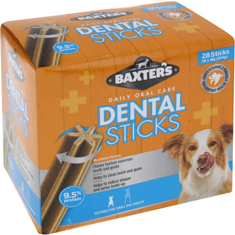 Baxters Dental Sticks for small dogs, featuring deep ridges for plaque removal and fresh breath, promoting oral health with tasty chews.