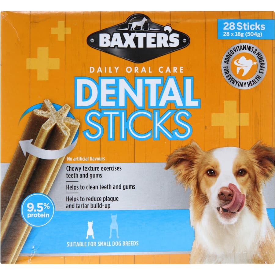 Baxters Small Breed Dog Treats Dental Sticks for effective dental care, fresh breath, and satisfying chewing for small dogs.