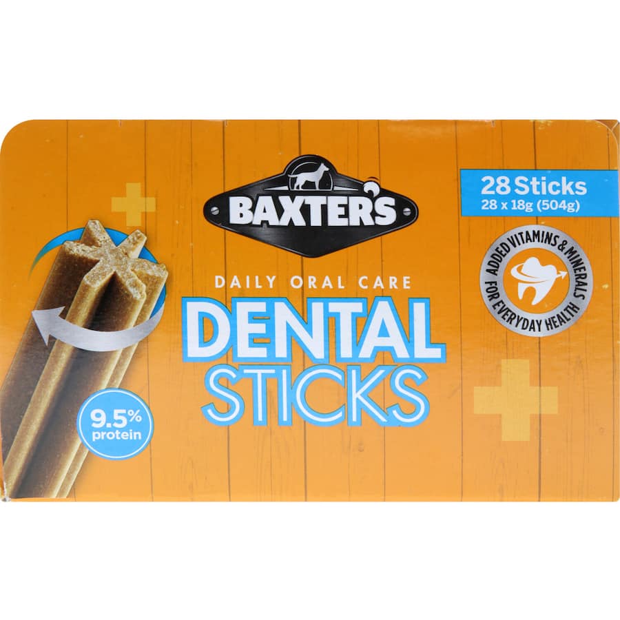 Baxters Small Breed Dog Treats Dental Sticks, promoting dental hygiene with flavorful chews for small dogs' health and fresh breath.