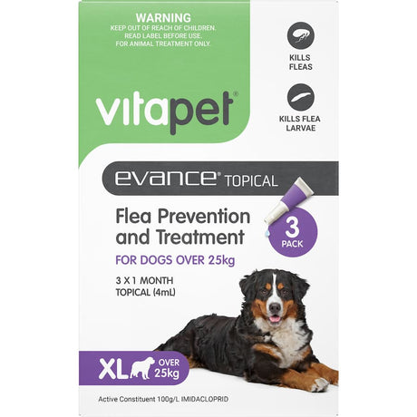 Vitapet Evance flea treatment for large dogs over 25kg, featuring 3 x 4ml applications for effective flea control.