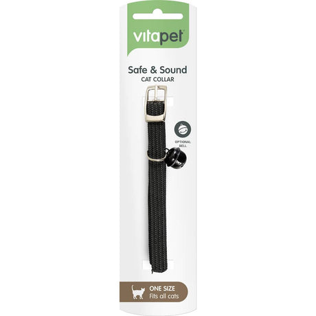 Stylish Vitapet cat collar with safety elastic, optional bell for identification, and available in various colors.