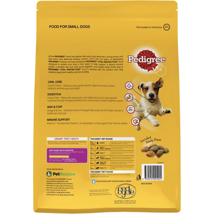 Pedigree Small Breed Dry Dog Food with Real Chicken in a 2.5kg bag, packed with nutrients for immune health and strong bones.
