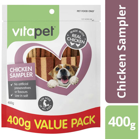 Vitapet Jerhigh Dog Treats Variety Pack featuring real meat in flavors like chicken, beef, and fish for happy, healthy dogs.