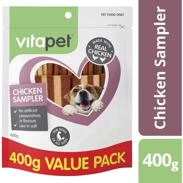 Vitapet Jerhigh Dog Treats Variety Pack featuring real meat in flavors like chicken, beef, and fish for happy, healthy dogs.