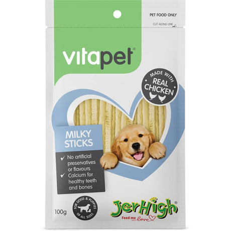 Vitapet Jerhigh Dog Treats Milky Sticks with real meat, calcium for strong bones, ideal for training and suitable for all dogs.